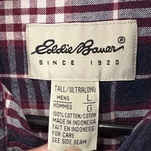Eddie Bauer Men's Burgundy and Navy Plaid Cotton Shirt